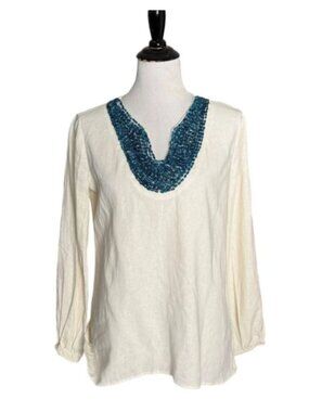 !!NWT!! Isaac Mizrahi Linen Blend Beaded Collar Tunic L